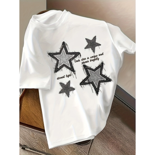 Plus Size, Women'S Casual Short Sleeve T-Shirt with Star & Slogan Print - Round Neck Summer Top, Breathable Everyday Shirt for Spring, Summer, Autumn | Versatile Casual Attire, Parties & Outfits | Comfortable Round Neck Tee for Women
