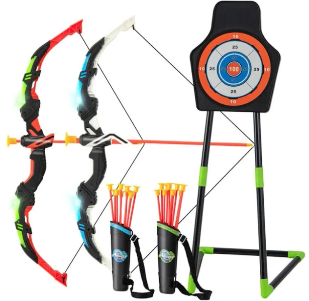 SUGIFT 2-Bow Youth Archery Set with LED Light-Up Bow 20 Suction Cup Arrows Target 2 Quivers Kids Outdoor Indoor Shooting Game Ages 3+ Blue Green