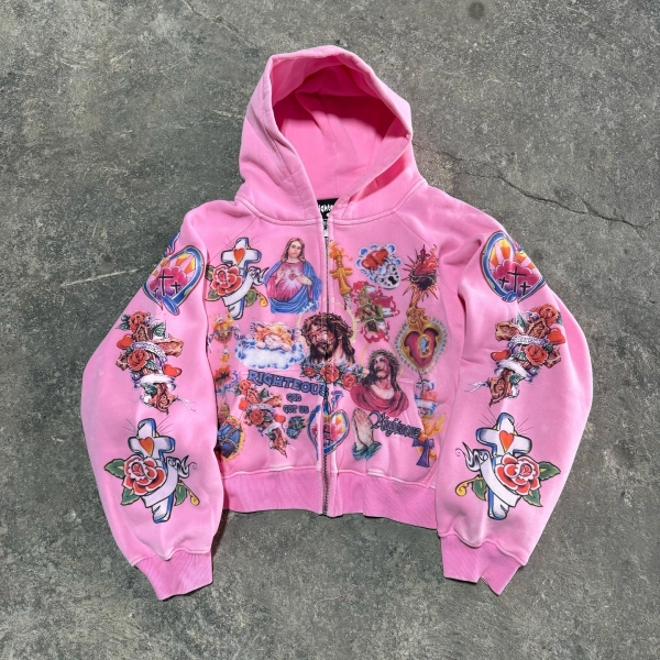 We Are Righteous The “Risen King” Cropped Zip Up Hoodie Pink - werighteousnet