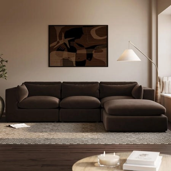 Chocolate Brown Velvet 4 Seater L-Shape Corner Sofa with Reversible Chaise - Hudson - Furniture123