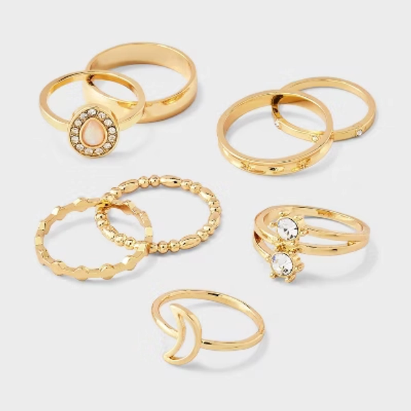 Crystal & Moon Variety Ring Set 8pc - Wild Fable™ Gold
