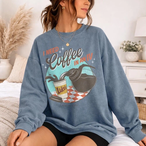 Gilmore Girls I Need Coffee in an IV Officially Licensed Adult Oversized Comfort Colors T-Shirt and Crewneck Sweatshirts