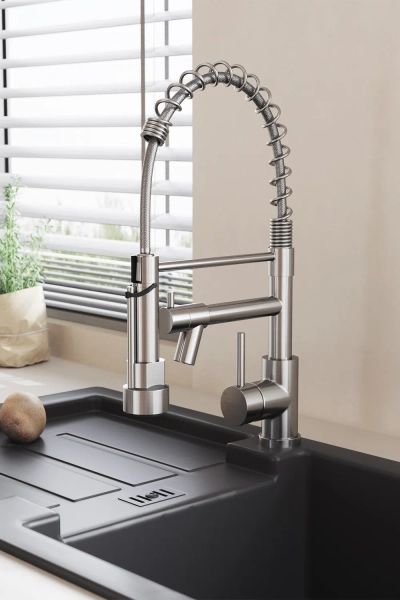 Kitchen Stainless Steel Faucet with Pot Filler and Pull Down Spring Spout