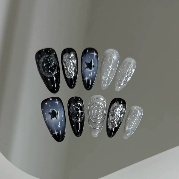 10pcs Handmade Press on Nails Y2k Starry Night Sky Almond Fake Nail Tips Detachable Wearable Sweet Cool False Nails for Girls - AliExpress 