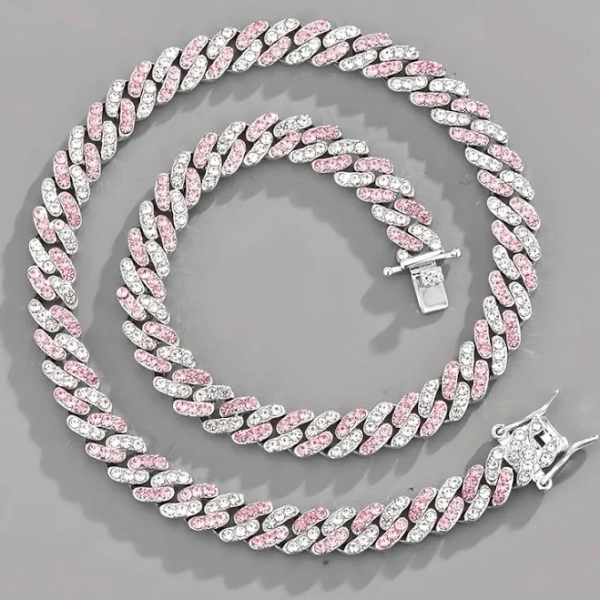 temu Blue/Pink Miami Cuban Link Chain 9MM Iced Out Necklace Gift For Men And Women
