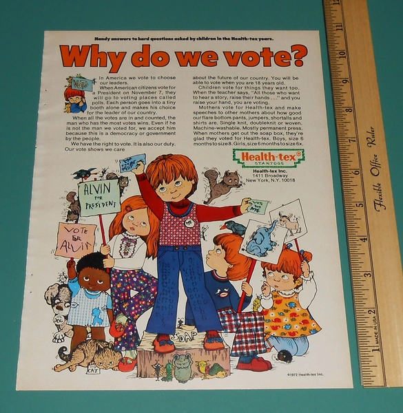 Vintage 1972 Health Tex Childrens Clothing Vote Illustrated 1 Page Print Ad