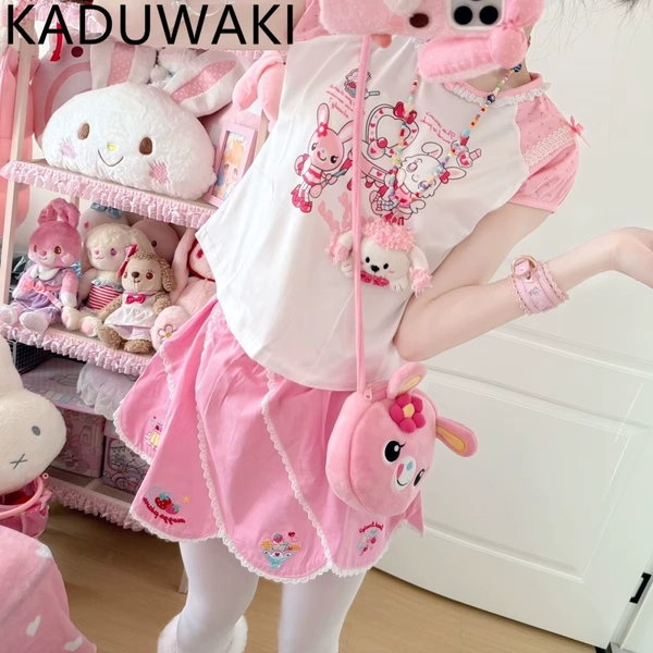 Japanese Sweet Kawaii Short Sleeve Tshirts Cartoon Print Bow Lace O-neck Pullover Tee Y2k Aesthetic E-girls Casual All-match Top - AliExpress 200000345