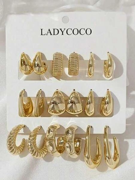 LADYCOCO 9 Pairs Elegant Geometric Waterdrop C-Shaped Threaded Gold Tone Earrings Set For Women