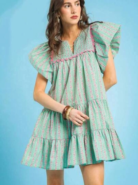 Women's Chiffon Floral Print V-Neck Casual Mini Bohemian Style Ruffled Swing Dress Summer Streetwear