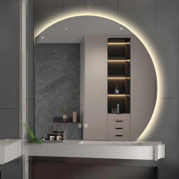 Wall Mounted Dimmable Semicircular LED Mirror Anti-Fog Backlit Lighted Bathroom Vanity Mirror
