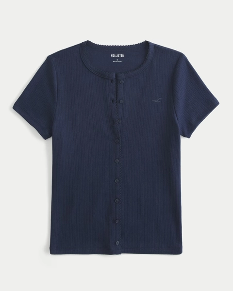 Short-Sleeve Pointelle Button-Through Top