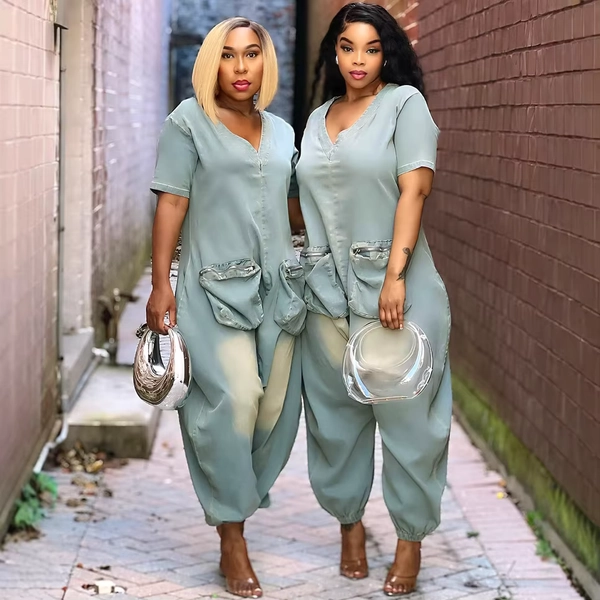 Women Denim Jumpsuits One Piece Cargo Pants Pockets V Neck Washed Vintage Jeans Female Trousers Summer Streetwear Overalls - AliExpress 200000345
