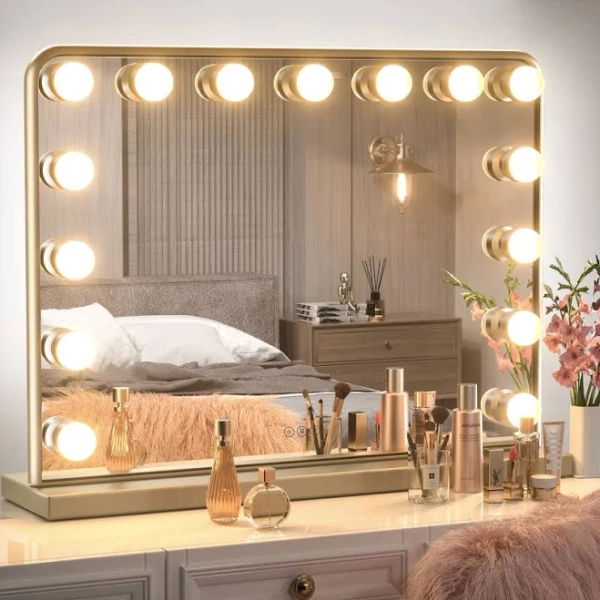 Large Vanity Mirror with Lights and Bluetooth Speaker Hollywood Makeup Vanity Mirror with 15 Replaceable LED Bulbs USB Charging Port 10x Magnification