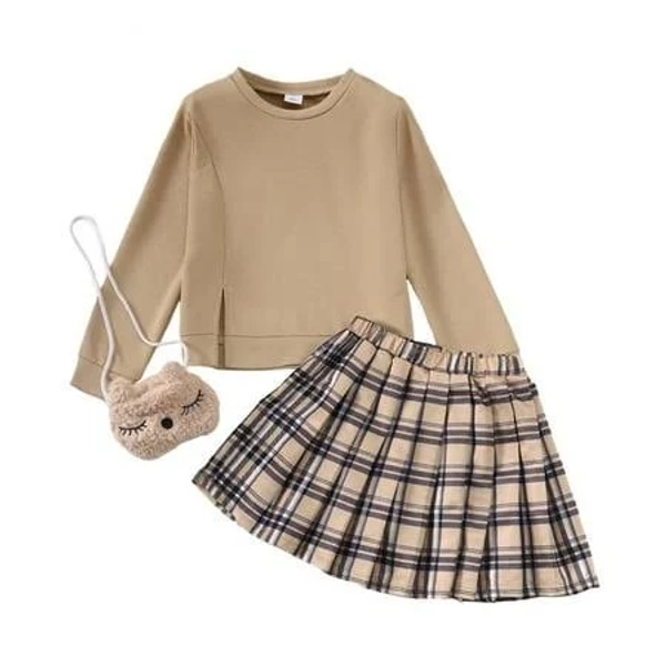 Saeaby Big Girls Clothes Big Girls Outfits Long Sleeve Top Plaid Skirt 2pcs Set Khaki