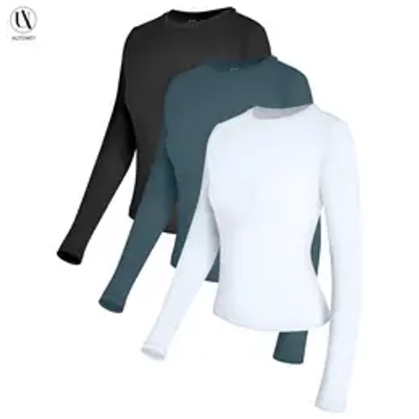 AUTOMET Women's 3-Piece Long Sleeve Shirts Basic Crop Tops Going Out Fall Fashion Underscrubs Layer Slim Fit Y2K Tops Soft Fabric Crew Neck Casual Streetwear Haze Blue White Black