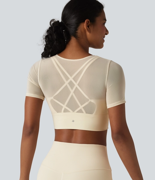 Contrast Mesh Short Sleeve 2-in-1 Cropped Yoga Sports Top