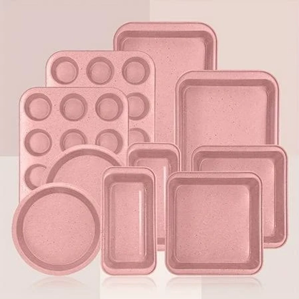 10pcs Pink Baking Pans Set Nonstick Bakeware Sets With Round/Square Cake Pan, Muffin Pan, Loaf Pan, Roast Pan, Cookie Sheet Set For Oven, Kitchen