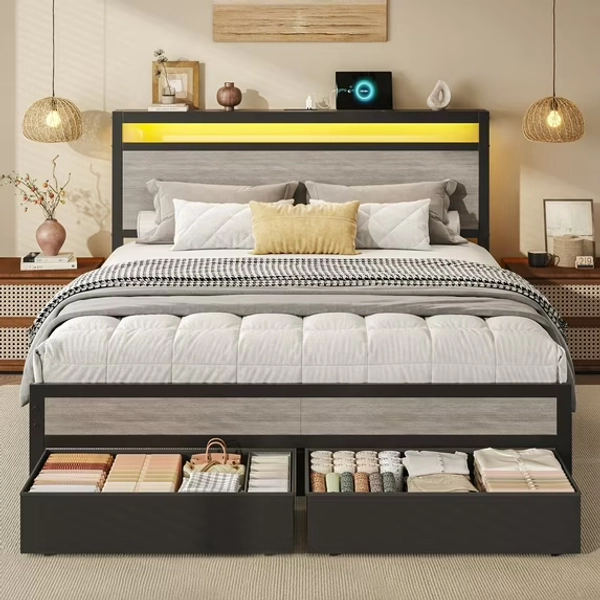 Queen Bed Frame with 2 Drawers, Headboard & Footboard, Bed Frame with Built-in Charging Station & LED Light, Storage Shelf, Noise-Free, No Box Spring Needed, Easy Assembly, Gray