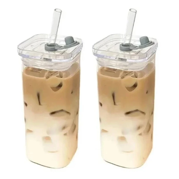 1pcs Square Heat Resistant Coffee Glass Cup With Lid and Straw Transparent Milk Tea Juice Cups