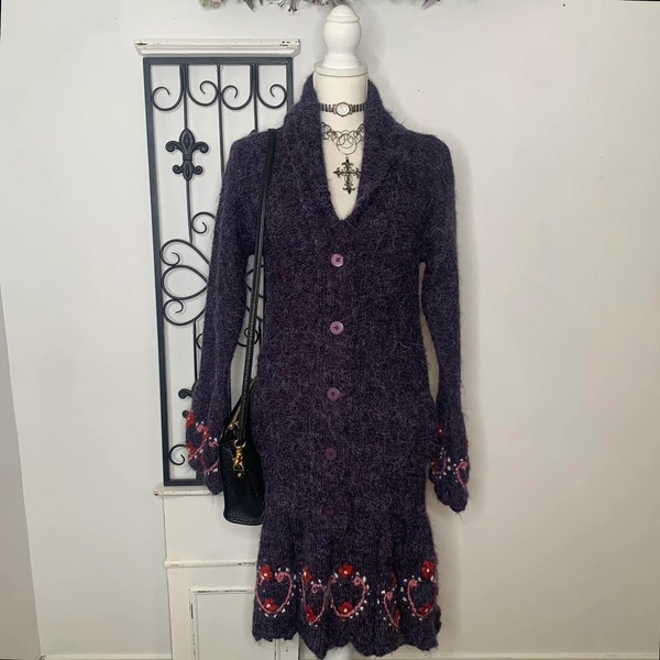 Y2K dark purple embroidered floral hearts chunky...