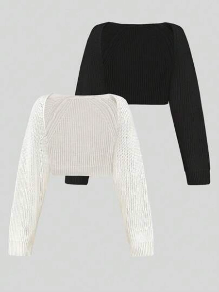 2pcs Solid Color Ribbed Knit Shawl Cardigan & Long Sleeve Top