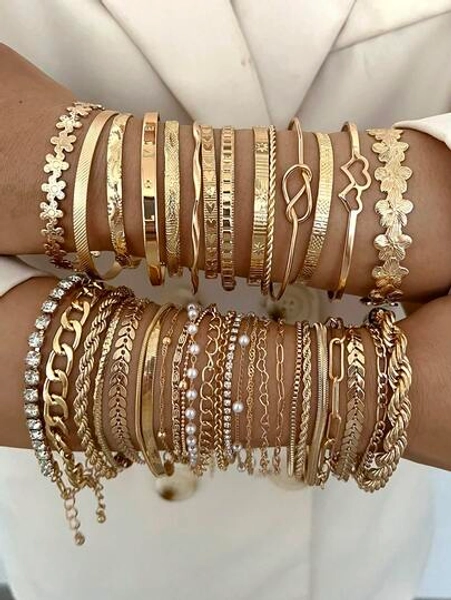 30/20/10/6pcs Multi-Piece Stacking Vintage Elegant Fashionable Minimalist Delicate Floral Geometric Ribbon Pearl Crystal Bling Bling Heart Floral Criss-Cross Braided Snake Bone Chain Airplane Chain Braided Chain Box Chain Lock Chain Cuban Chain Smooth Simplistic Plain Chain Bracelet Set, Suitable For Holiday, Party, Date, Gift, Daily Wear