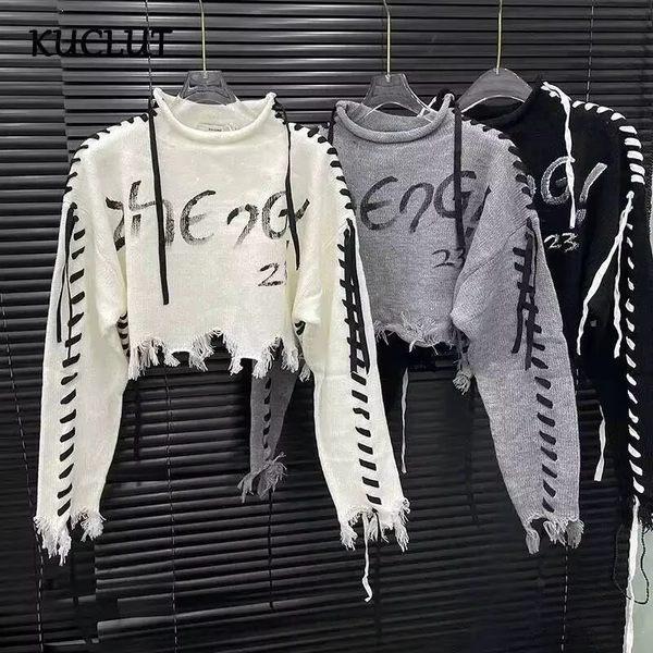 KUCLUT 2025 Autumn New Fashion Design Letter Tie Knitted Sweater Top For Women Casual High Waist Pullovers Female 1A570 - AliExpress 200000345