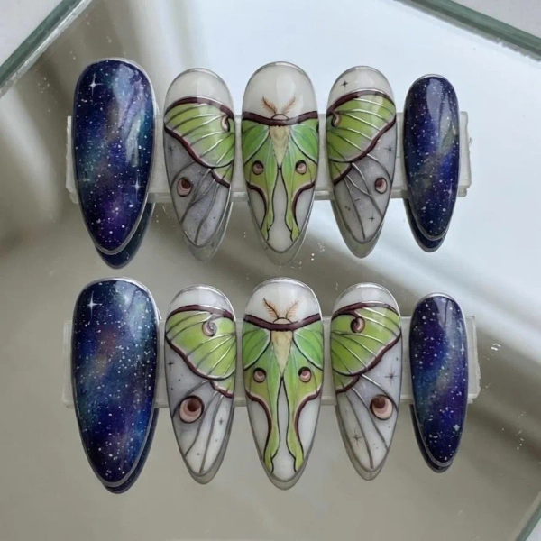 Luna Moth Almond Press On Nails, Galaxy Starry Night Celestial Art
