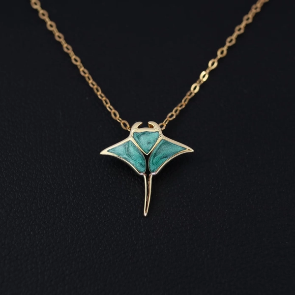 Gold Plated Sterling Silver Manta Ray Necklace, Ocean Animal Pendant, Enamel Inlay Jewelry, Sea Life Gift for Her, Manta Ray Pendant