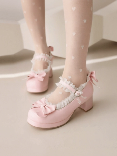 Women Kawaii Mary Jane Pumps Mid Block Heel Fashion Dress Shoes With Cute Bow Platform Chunky Heel Sweet Party Wedding Hallowen Cosplay Shoes For Women