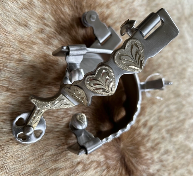 Pair Ladies Western Brushed Stainless Steel Spurs Engraved Silver Hearts FREE SHIPPING