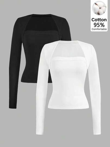 SHEIN EZwear 2pcs Women Casual Slim Fit Long Sleeve T-Shirts, Suitable For Autumn/Winter,Fall