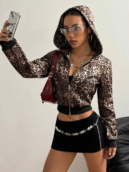 StreetHx Leopard Print Hooded Zip-Up Short Casual Sweatshirt For Women, Spring Autumn,Long Sleeve Tops Pullover Fall Outfit