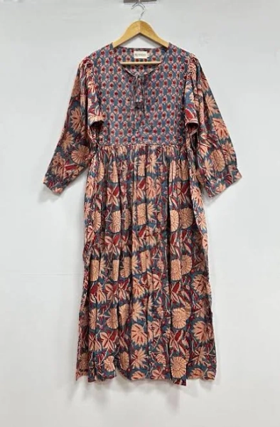 Cottagecore Floral Cotton Midi Dress with Block Print and Smock