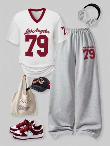 SHEIN 2pcs/Set Tween Girl Casual Number Graphic V-Neck Short Sleeve & Wide Leg Sports Pants Set Summer Holiday Back To School Clothes