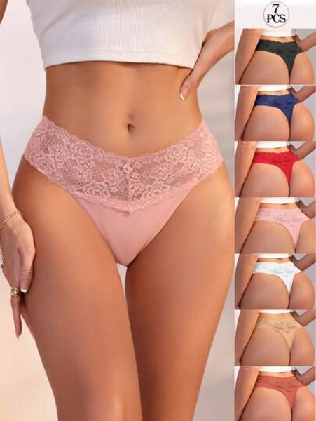 7pcs/Set Women Sexy Contrast Lace Thong Panties Lingerie