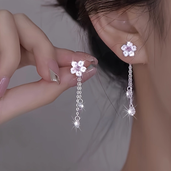 Cherry Blossom Dangle Earrings - 925 Sterling Silver-Plated Copper with Pink & Clear Cubic Synthetic Zircon​, Floral Tassel Chain Jewelry, Hypoallergenic Bridal Party Earrings for Women