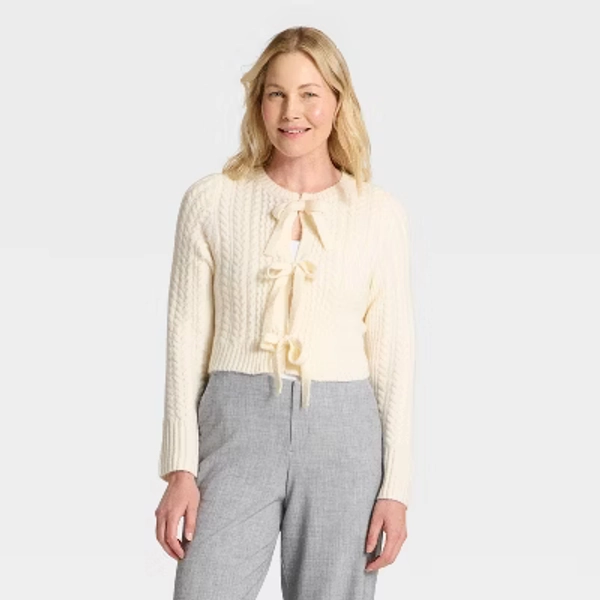 Women's Long Sleeve Bow Cardigan Sweater - A New Day™ Cream S