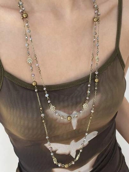 rundraw 1pc Floral Crystal Ball Beaded Elegant Fashion Multi-Color Metal Long Necklace For Women, Suitable For Daily, Commute, Party Wear