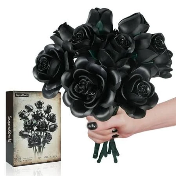 Black Rose Flower Bouquet Building Set Artificial Plant Compatible with Lego,Fake Flowers for Home Gothic Decorations Halloween Gifts for Families (