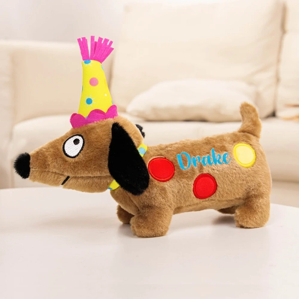 Personalized Cute Birthday Hat Polka Dots Dachshund Dog Doll Toy with Name Home Decor Adoption Day Party Gift for Dog Lover Owner - CALLIE