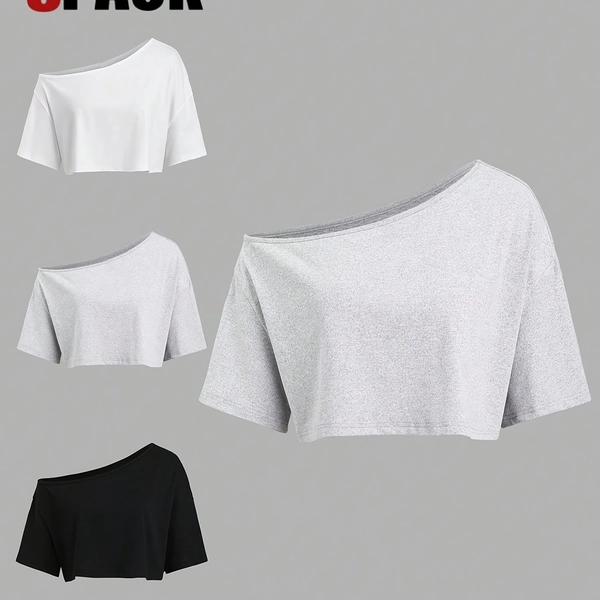 3pcs Set of Off-Shoulder Short Sleeve T-Shirts, Loose Casual Fit