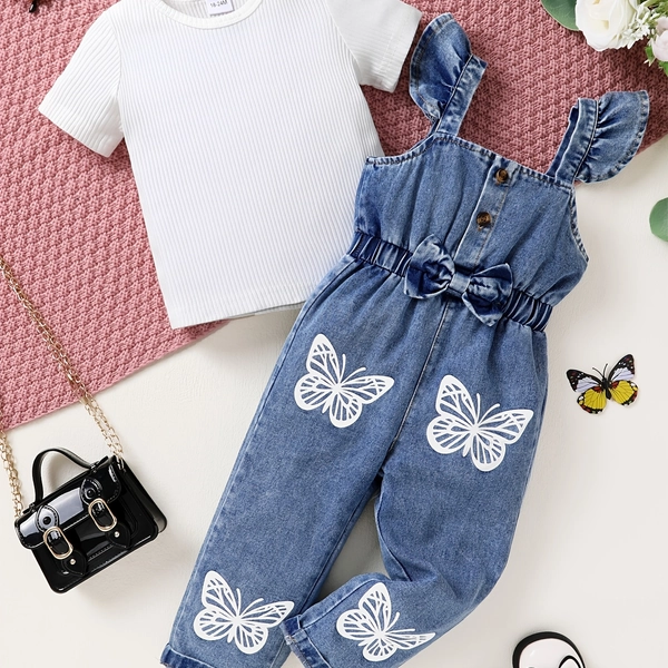 2pcs Set Of Elegant, Sweet, And Cute Little Girl'S Neat Color Pit Stripe T-shirt And Butterfly Print Ruffled Denim Jumpsuit Suitable For Casual Daily Vacation Parties, for Outdoor