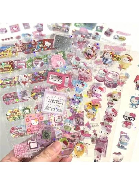 Sanrio 5sheets Sanrio Cute Cartoon HelloKitty Anime Stickers DIY Mobile Camera Luggage Stickers Fashion Kawaii Japanese Decorative Stickers Girls Gifts School Supplies, Back To School