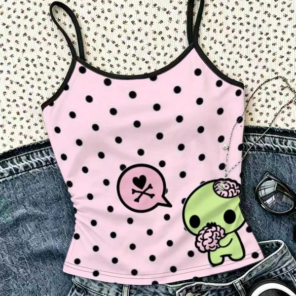 Girls' Novelty Camisole Vest, Mixed Colors, Multiple Sizes, Polyester Material, Cute Cartoon Green Character Pattern, Light Pink Polka Dot Background, Unique Design, Suitable for Daily Wear, Trendy Style