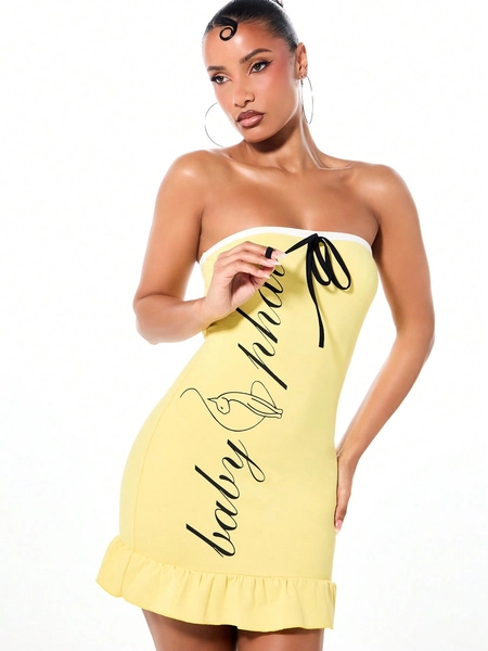 BABYPHAT Jersey Bandeau Mini Dress With Tie Detail Ruffle Hem Strapless Bodycon Summer Party Yellow