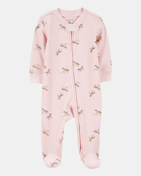 Baby Girl Horse Print 2-Way Zip Ribbed Sleep & Play Pajamas - Pink