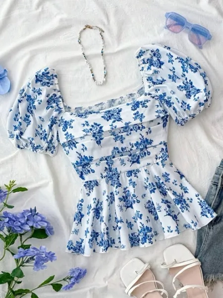 SHEIN Teen Girls Clothing New Design Square Collar Puff Sleeve Cinched Waist Ruffle Hem Ditsy Ditsy Floral Casual Elegant Blouse,16Y