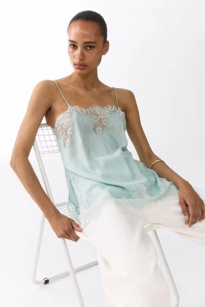 Lace-Trimmed Jacquard-Weave Top - Light turquoise