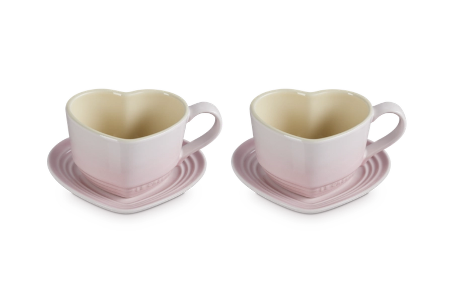 Stoneware Set of 2 Heart Mugs with Saucers
